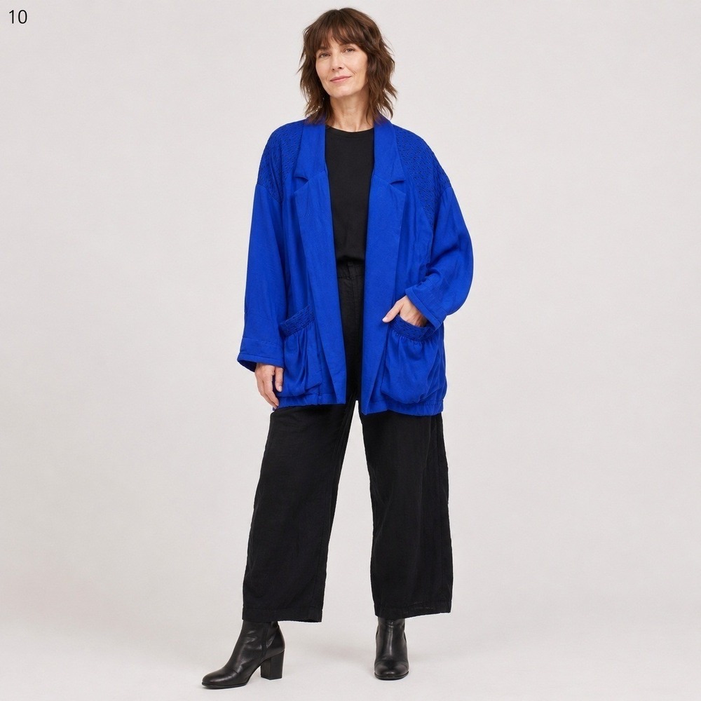 Vintage Carol Anderson Artsy Open Front Jacket Womens L Blue Acetate Pockets